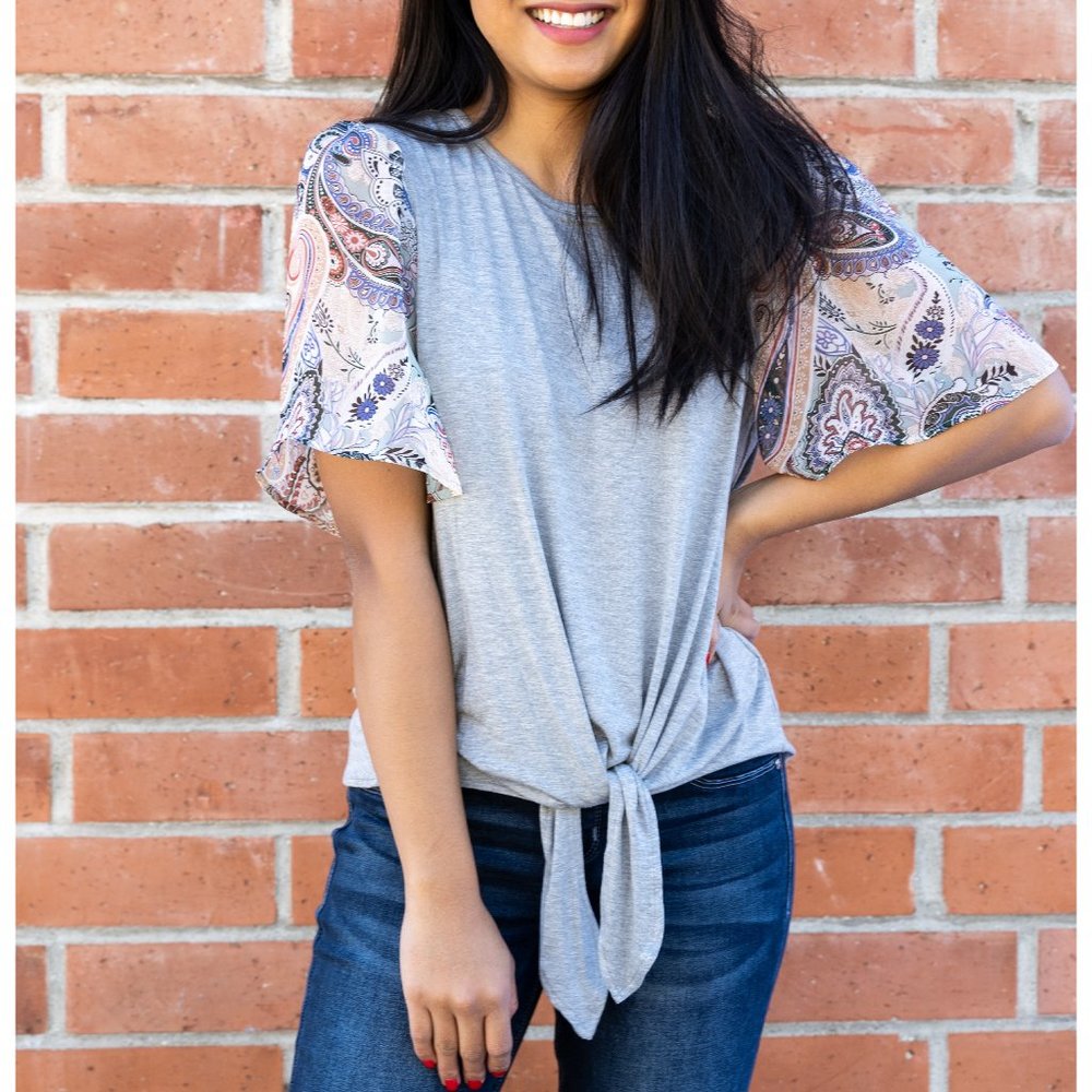 Missy and PLUS Printed Woven Sleeve Tie Front Top